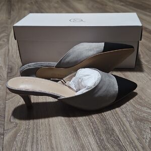 The Drop Paulina Two-Toned Pointed Toe Mule Black Gray Classy Elegant Heels 7